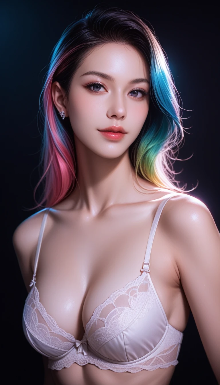 (8k, RAW Photos, highest quality, masterpiece:1.2), High-resolution RAW color photos, Professional photography, (Realistic, Like the picture:1.37), ((highest quality)),
One Girl:1, 18, Cinematic Light, ,Moody lighting, Blue Hour, (Exquisite face:1.2), (((Beautiful eyes with random colors))), ((Funny Face)),
(masterpiece:1.5), (highest quality:1.2),
View Viewer, lipstick, V-shaped eyebrows, V-line jaw, Sexually provocative face, The background is blurred, Shiny texture, Strong winds:1.3、
((Long floating hair of random colors:1.3)), (Perfect Face:1.4), ((Shiny skin:1.3)), White skin, thin, Small Nose, (Tight waist:1), (Almond Eyes:1), Sharp eyes, (A charming smile:1.2), (Big Breasts:1.3), Cleavage, bangs, Tilt your head, Tilt the body forward, light makeup, Small Ass, ((room)), ((Naked:1.5)), ((Exquisitely designed sexy white silk bikini swimwear:1.3)), walk,
