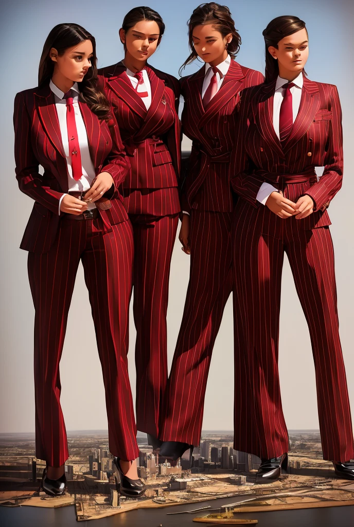 A young mother and her two daughters aged 18 and 20 each taller than 7 foot all wearing red pinstriped trouser suits, white shirts heels and a larger paisley necktie. Large breast giantess art tiny city