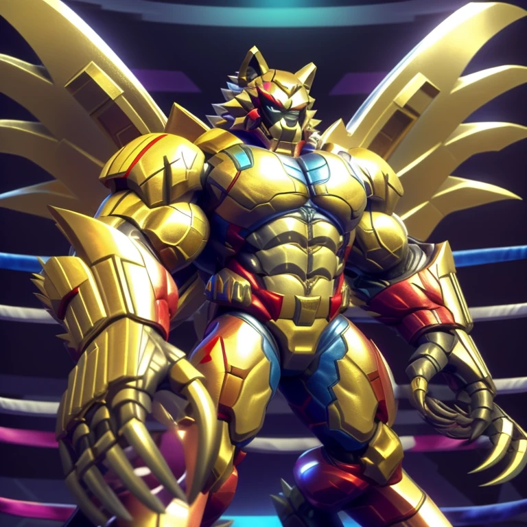 (freddy wolf, 8K), (freddy wolf's giant robot, Powered exoskeleton with the same design as freddy wolf), (Masterpiece, highres) (Detailed head, Detailed Body, Detailed abs, full body) (gigantic muscles, Gigachad Muscular, big muscle, pecs, triceps, traps, unusually developed muscular body, body full of huge muscles. showing off muscles, pectorales enormes, Exaggeratedly huge muscles.) (nj5furry, The claws are sharp, Sharp teeth, sharp claws), (long legs), (Spread wings, It has wings, have big wings, golden wings), (Wrestling, wrestler, the bodybuilding), (It has wings, whole body shines like metal, Wearing cyberpunk mecha, emphasizes the muscles, suit fully made of metal, intricate armor, Robotic suit, suit fully made of metal, cyborg), menacing pose, The whole body is golden. no face. BULK UP. The whole body is golden. wearing a full-face helmet. no blue. no red.