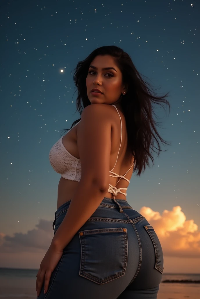 (highres,best quality:1.2),curly haired Colombian mature woman,booty jean shorts,transparent halter top,boots,working with aliens on the moon,alien technology,moon base,advanced communication devices,extraterrestrial beings,scientific research facility,nighttime illumination,eerie atmosphere,moon dust,starlit sky,natural lunar landscape,curiosity and excitement,interaction and collaboration,amazing discoveries,extraterrestrial friendship