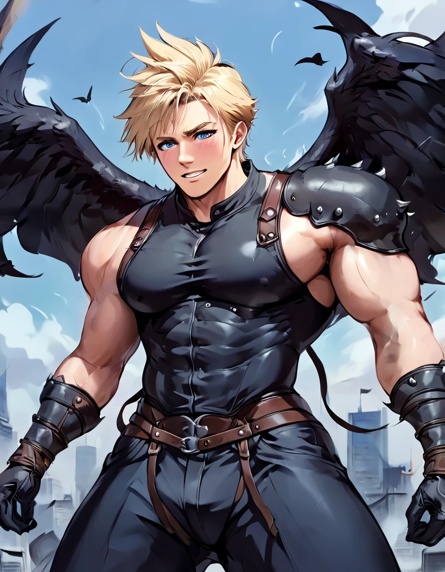 (masterpiece, Best Quality:1.2), smile, View your viewers, ((((Huge muscles､Huge erect penis)))),Tight suit,Face enduring pain,Tears,Lots of drool, sweat and ,Shake hard,Anal Sex,Unfocused eyes,Harness,Imminent sexual activity,Big Wings,Blonde,armor,acCloud, blonde hair, single earring, high collar, black shirt, single shoulder pad, harness, single sleeve, black gloves, black pants,Carrying a sword,doggy style sex,Spread your arms wide and let out a roar