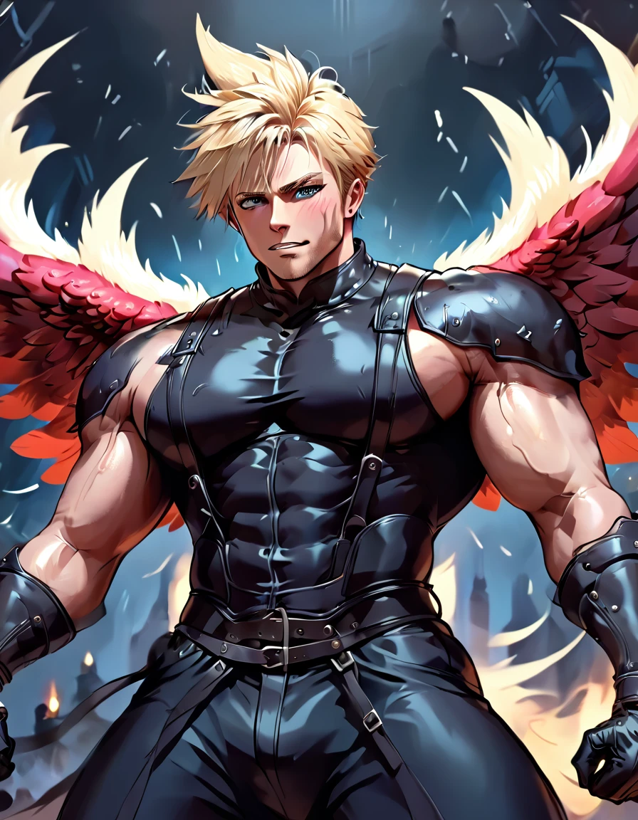 (masterpiece, Best Quality:1.2), smile, View your viewers, ((((Huge muscles､Huge erect penis)))),Tight suit,Face enduring pain,Tears,Lots of drool, sweat and ,Shake hard,Anal Sex,Unfocused eyes,Harness,Imminent sexual activity,Big Wings,Blonde,armor,acCloud, blonde hair, single earring, high collar, black shirt, single shoulder pad, harness, single sleeve, black gloves, black pants,Carrying a sword,doggy style sex,Spread your arms wide and let out a roar