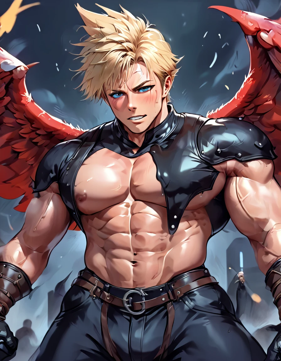 (masterpiece, Best Quality:1.2), smile, View your viewers, ((((Huge muscles､Huge erect penis)))),Tight suit,Face enduring pain,Tears,Lots of drool, sweat and ,Shake hard,Anal Sex,Unfocused eyes,Harness,Imminent sexual activity,Big Wings,Blonde,armor,acCloud, blonde hair, single earring, high collar, black shirt, single shoulder pad, harness, single sleeve, black gloves, black pants,Carrying a sword,doggy style sex,Spread your arms wide and let out a roar