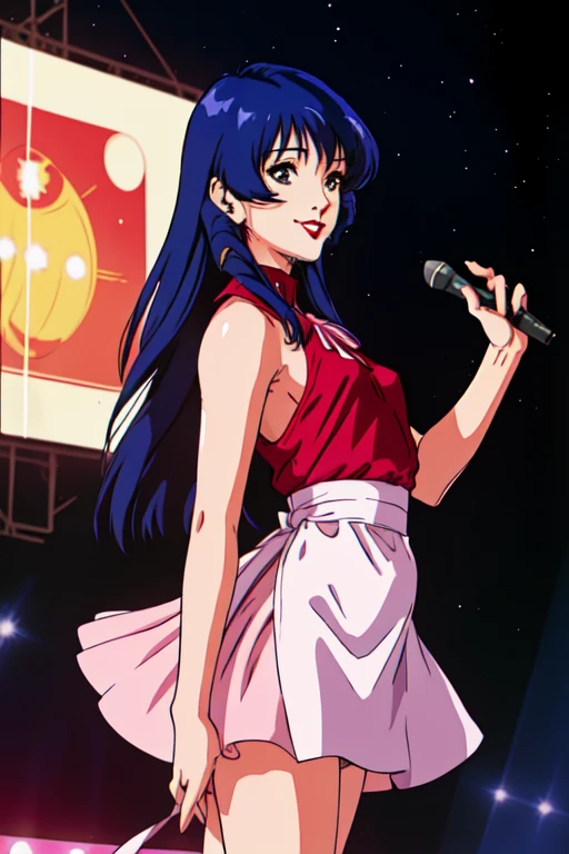 (Best Quality,High resolution,Super detailed,Realistic:1.*****ung very ，Baby Face，Lynn Minmay，Smile Lynn Minmei，Pink Ribbon，Flat Chest，Thin thighs，(Long Hair:1.1), Incredibly detailed eyes, Soft background blur, Delicate bangs, She has a beautiful ribbon in her hair, Lantern with light particles, She looks at the audience with a captivating smile., Wearing sleeveless clothing, Standing alone on stage, Musician symbol，Space Diva，Her face seen from the side，Seductive red lips，Medium Hair Length，With the night view in the background，