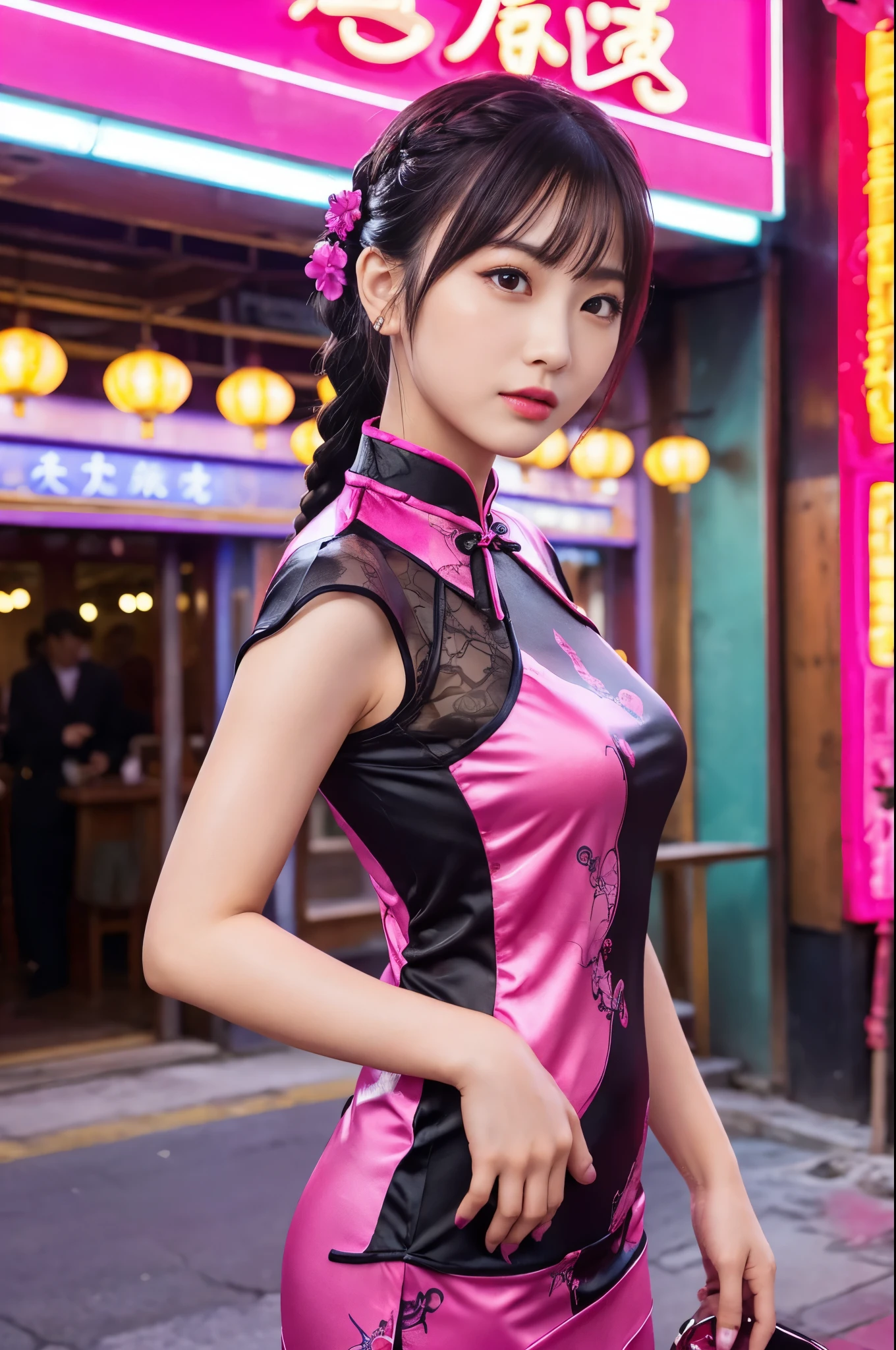 Beautiful Kung Fu Idol、lipgloss、hole body、Good style、、、、、Tight cheongsam mini dress with large scorpion print、long braided hair、Neonfuchsia hair (Neonfuchsia)、Cinematic light、large Chinese restaurant in the background