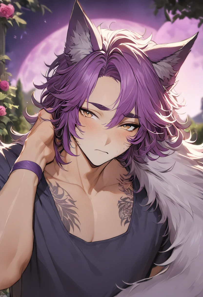 Human-Wolf Hybrid, Male Teenager, Light Tan-Ish Skin, Magenta Hair With Dark Blue Streak Over Bangs, Short Fluffy Haircut With Side-Swept Bangs, Big Pointy Wolf Ears, Magenta Wolf Tail, Light Brown Eyes, Thick Dark Magenta Eyebrows, Purple Moon Tattoos On Cheeks, Head Tilted To The Side Slightly, Eyes Half Closed, Looking At The Viewer, Nervous Expression, Soft Blush, Holding Arm Up With Fingers Brushing Through Hair, Light Lavender Short-Sleeved Shirt With Gray-Ish Purple Over-Vest, Lavender Wristbands, Dark Gray-Ish Purple Pants, Outdoors Background, Garden Landscape, Surrounded By Roses, Upperbody Headshot, Portrait, High Picture Quality, Ritch Detail.