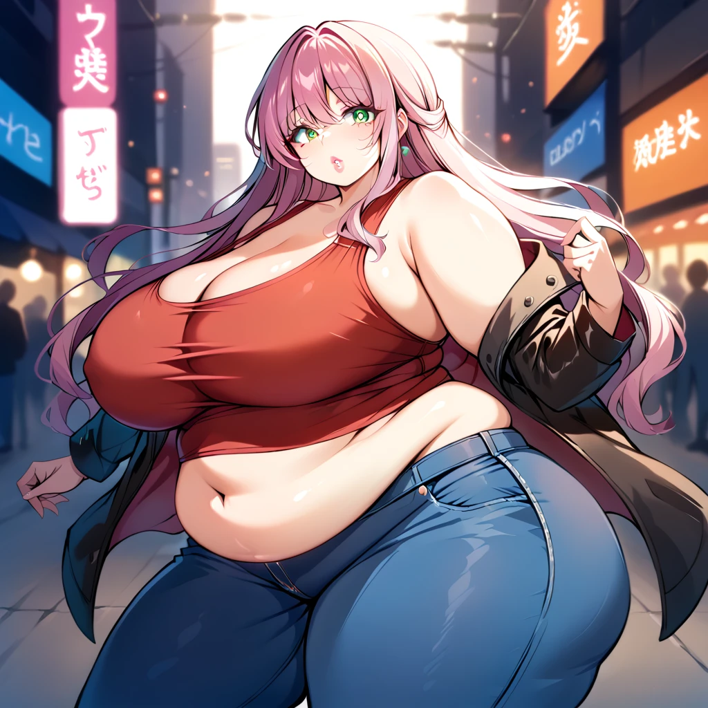 a sexy obese ssbbw anime woman, 1girl, female, mature woman, middle aged milf, milf face, older woman, extremely detailed fat legs, extremely voluptuous, curvy, beautiful detailed eyes, beautiful detailed lips, ((wearing red tank top and jeans), wearing Leather jacket, green anime eyes, stern expression, nuetral expression, massive breasts, massive belly, human figure, extremely detailed eyes and face, long eyelashes, extremely detailed skin texture, dynamic pose,, grimdark, vibrant colors, masterpiece, highly detailed, slim face, large eyes, city background, long flowing hair, pink hair, extreme depth of field, lipstick, make-up 