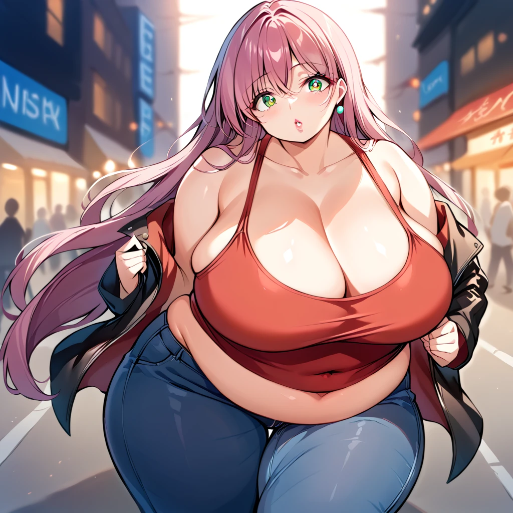 a sexy obese ssbbw anime woman, 1girl, female, mature woman, middle aged milf, milf face, older woman, extremely detailed fat legs, extremely voluptuous, curvy, beautiful detailed eyes, beautiful detailed lips, ((wearing red tank top and jeans), wearing Leather jacket, green anime eyes, stern expression, nuetral expression, massive breasts, massive belly, human figure, extremely detailed eyes and face, long eyelashes, extremely detailed skin texture, dynamic pose,, grimdark, vibrant colors, masterpiece, highly detailed, slim face, large eyes, city background, long flowing hair, pink hair, extreme depth of field, lipstick, make-up 