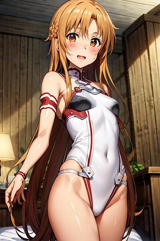 ((Best Quality)), ((masterpiece)), (be familiar with), Perfect Face, indoor, bedroom, Watching the audience,
One woman, Yuuki Asuna,
Open Mouth, Ecstatic expression, blush, smile,
Small breasts, Flat Chest, , , child, Girl,
Long Hair, Long Hair,
Leg spread,