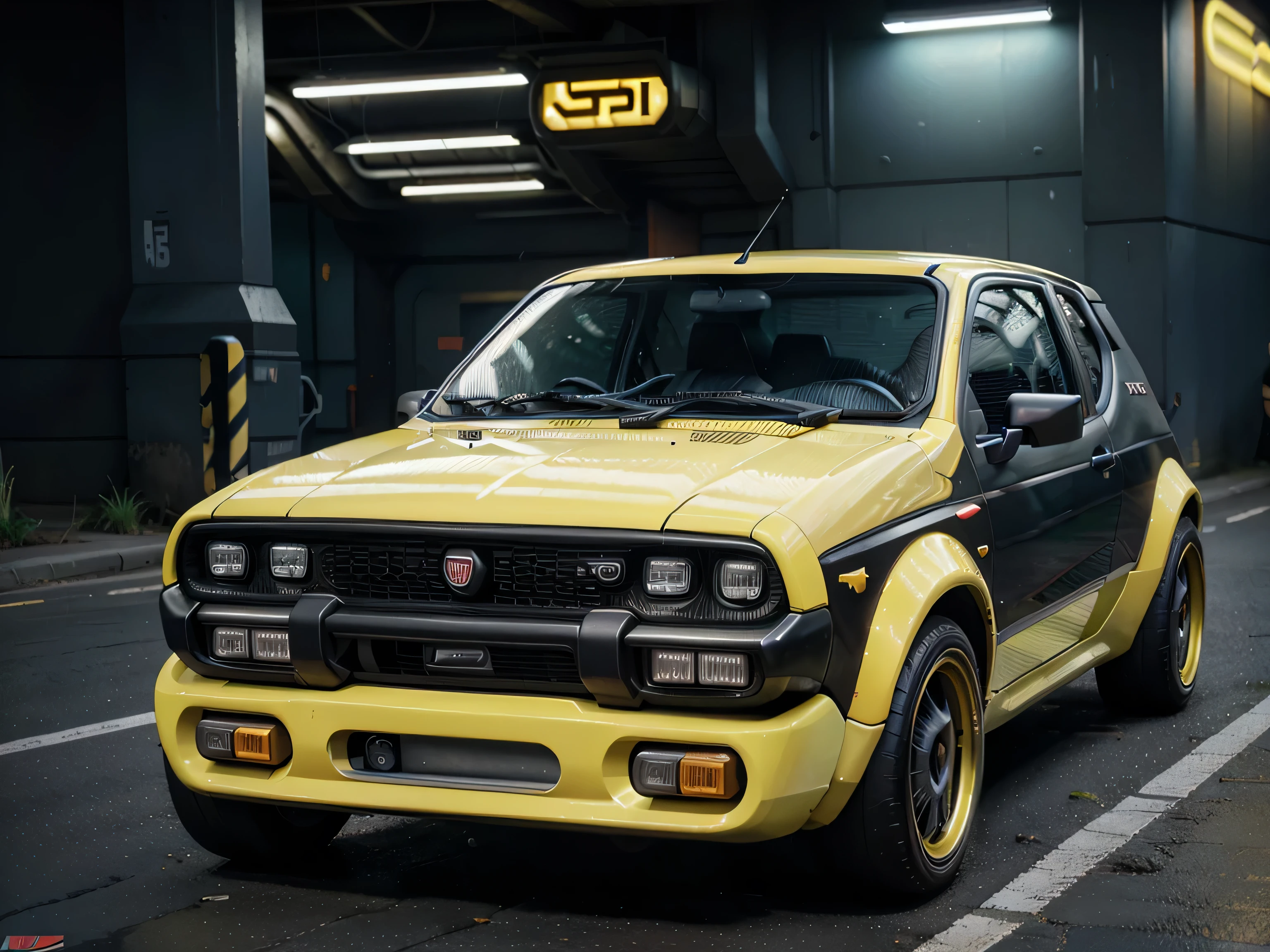 fiat uno 1991 cyberpunk neon, yellow, futuristic, high tech, retro, cyberpunk, (Fiat Uno Brio 1991), Square, 80's car