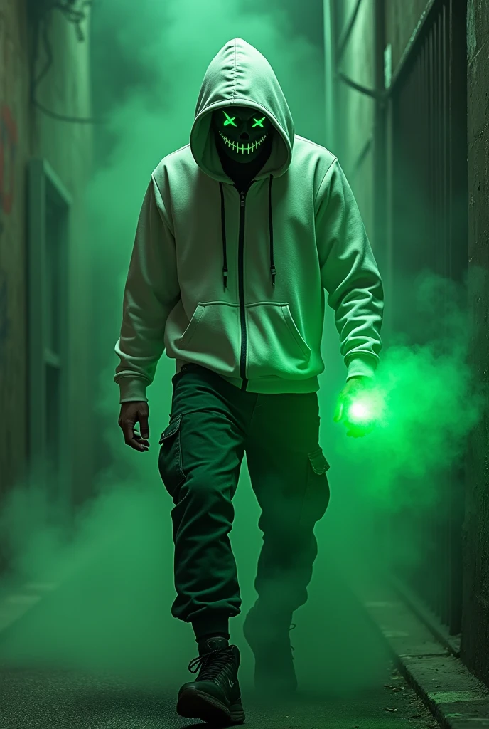 -High quality- -masterpiece- A handsome man, with blonde hair, wearing a green jacket, black t-shirt, black hood, black pants, green and black gloves, a full-face mask of a green skeleton with white eyes, standing. in a high-tech scientific area