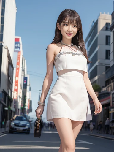 ((Full body:1.2,Voyeur from the front:1.2,from a distance:1.2)),(Very beautiful Japanese skinny girl:1.4),A girl wearing a pure white frilly miniskirt dress,Pure white high heels,slim body shape,Large Breasts,Anxious expression,Looking Ahead,from below,realistic,best quality,ultra-detailed,high resolution