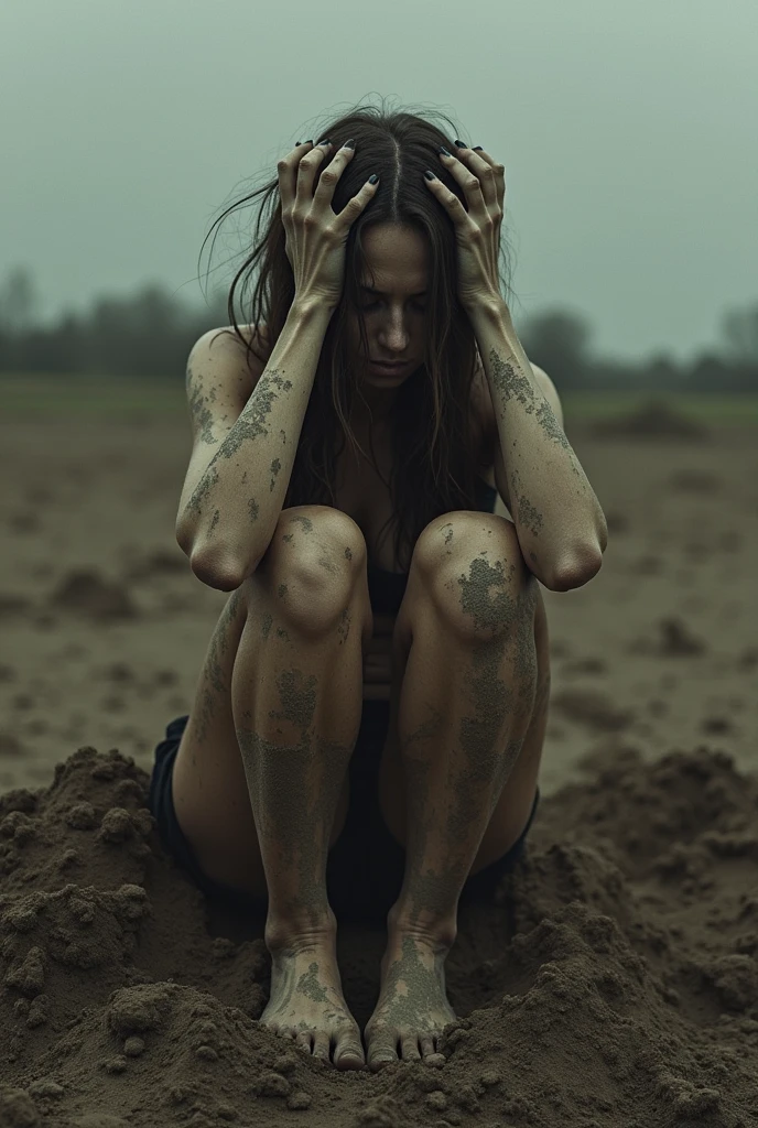 Raw photo, dynamic pose, dilapidated back alley, ((lying on ground)), (muddy, dirty), 1girl, pale skin, nude, delicate face, mouth covered, innocent, cute, glooming, looking away, spacing out, torn shirt, ((huge breasts)), small waist, (loose vagina), (masterpiece)