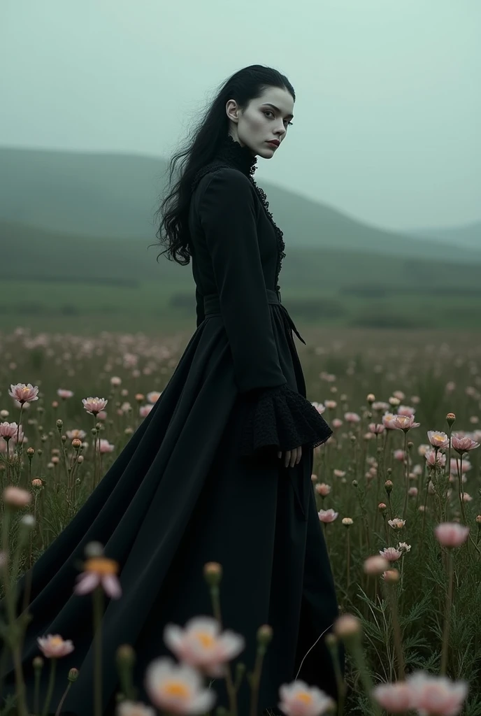 In a dark field, A woman, with very long black hair and white skin. Behind her, there is a child, with curly red hair and white skin.