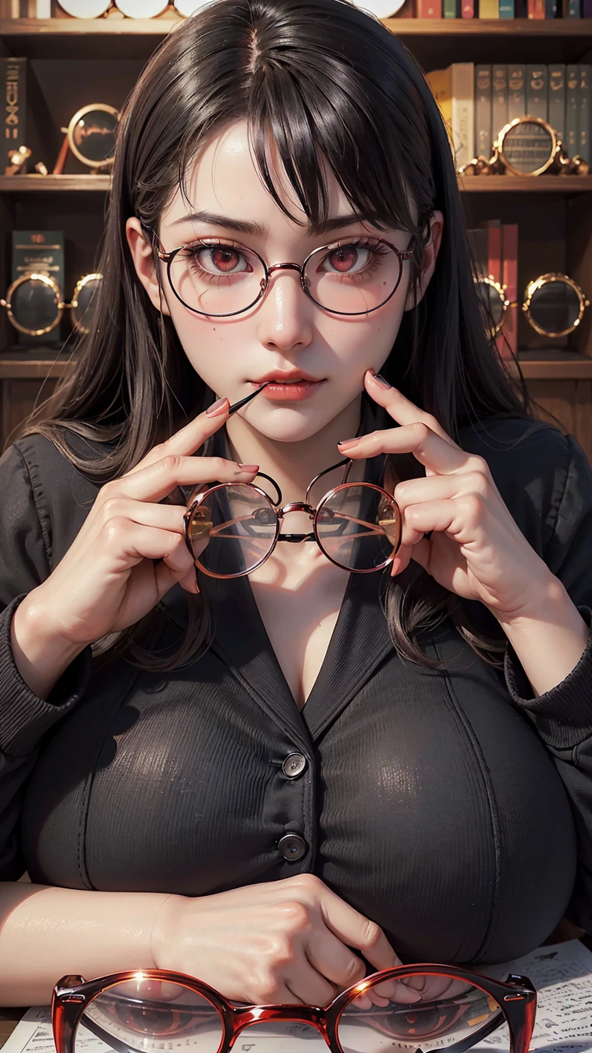 intricate-detail、top-quality、realisitic、ultra-detailliert、The best lighting、Best Shadows、Soft lighting、Ulutra HD、Dungeon and Dragon、caves、Dungeon、 A Necromancer、natta、Dark style、Succubus、Devil's Daughter、Bat Wings,(((Demon Hornlack-rimmed round glasses))))、(Devil's Tail)、(red eyes glowing:1.6)、masterpiece、beautiful countenance、Tindall Effect、photos realistic、(High Detail Skins:1.2)、8KUHD、Digital SLR、hightquality、a picture、hight resolution、 absurderes、Ponytail distortion、best ratio four finger and one thumb、1 girl、hair adornments、jewely、Beautiful expression、Body Up、Toned waist、Wide buttocks、Tindall Effect、Photorealsitic、(High Detail Skins:1.2)