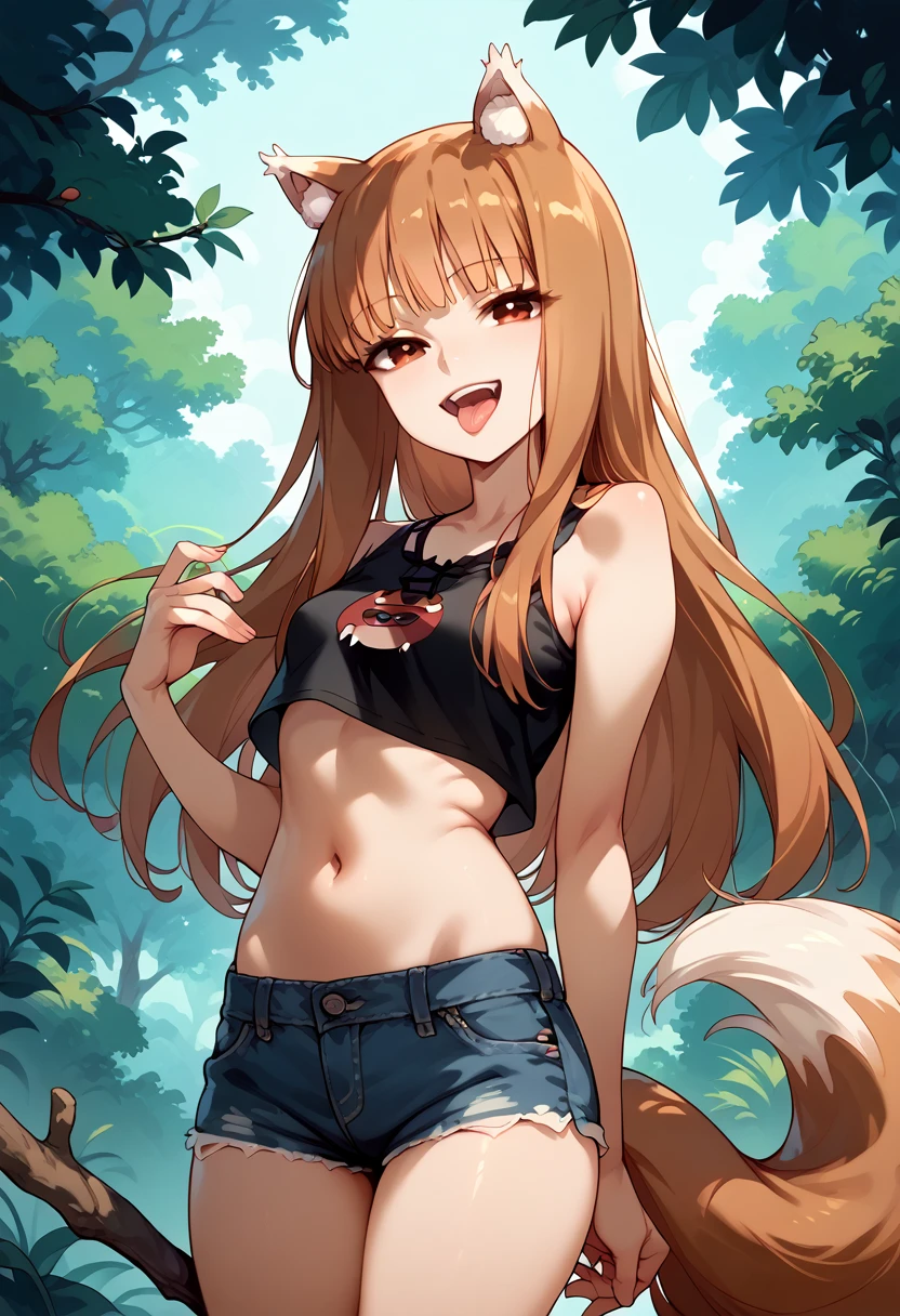 masterpiece,High resolution,Best Quality,8k
(Holo,Spice and Wolf)
(Skinny,Small breasts,Animal ears and tail)((Brown skin))
(Black Crop Top,Denim shorts,Belly button)Bad Smile,Open your mouth and stick out your tongue,