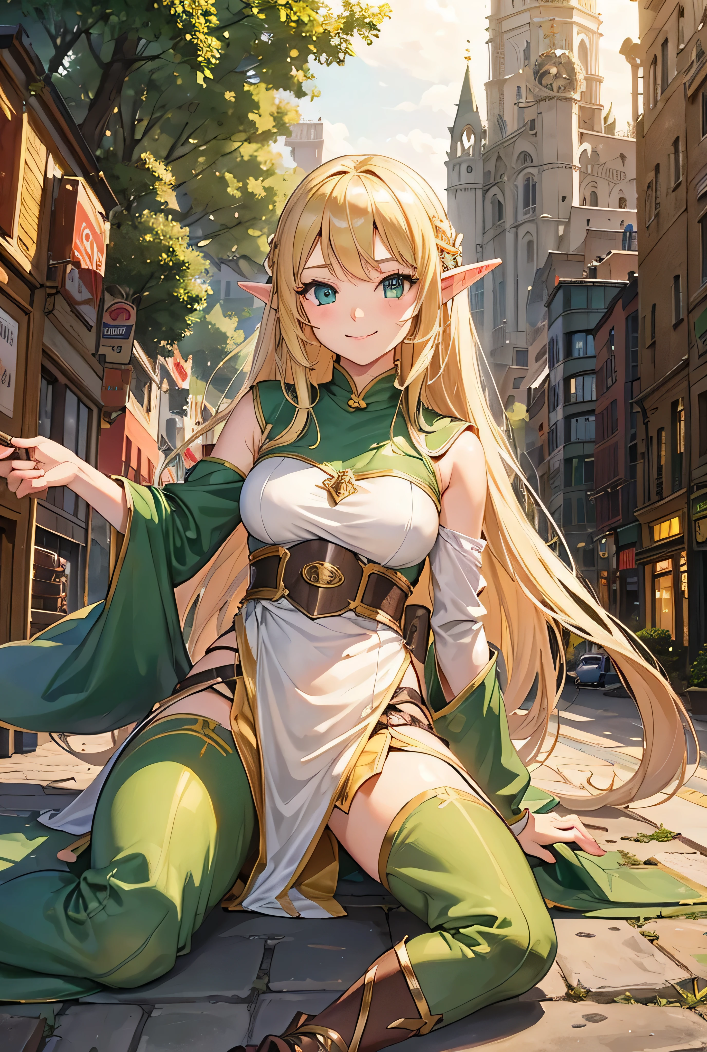 One Girl, Long Hair, smile, blonde, Green Eyes, knight, city, Highest quality, High Resolution Model, Elf, Wide angle, eat banana,