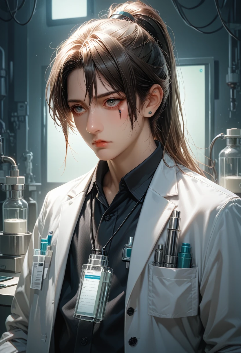 A female scientist in her thirties with a professional yet elegant appearance. has long straight hair, silver in color, collected in a high ponytail. Her skin is clear and soft, with a thin scar visible on his left cheek. His eyes are a deep green that stands out on his face., giving him a sharp and intelligent expression. Wear a modern lab coat over a dark-hued shirt and dress pants.. Your style is impeccable, and his posture reflects confidence and control. He is in a high-tech laboratory, with scientific teams around him