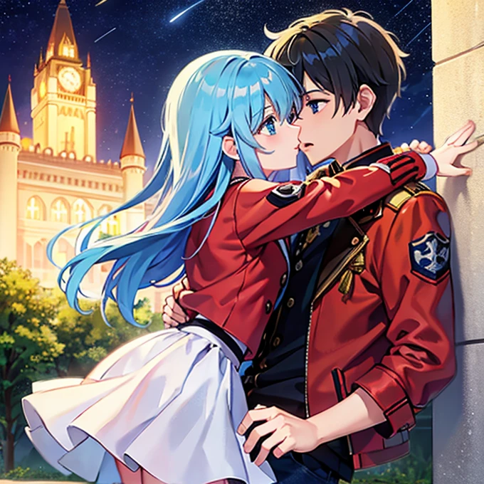 A girl with blue eyes and light blue hair, red blouse with yellow lines and white skirt affectionately kissing a boy with short black hair on the lips, ojos marrones, lentes, red jacket with a night castle behind them and shooting stars in the sky