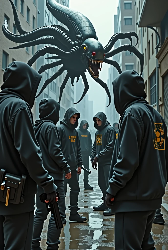 Several men are standing, in einer Reihe, in einem Wald, Wearing business suits and gas masks, It's gloomy and foggy, Realistischer Lichteinfall, realistische Schatten, Details, fotorealistisch