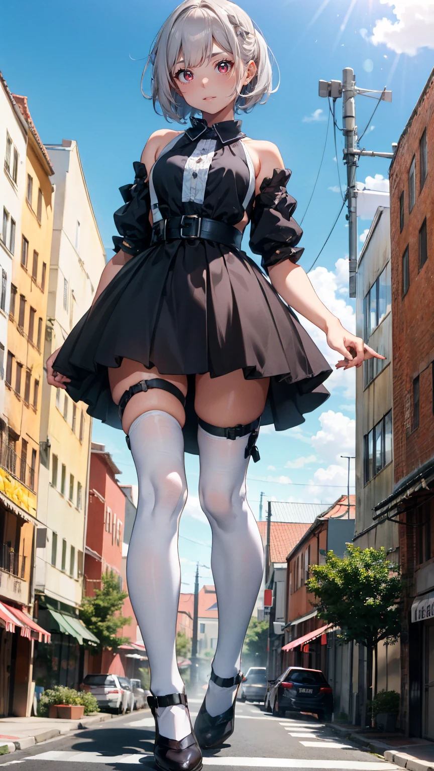 1Girl, solo, Silver Hair, Red eyes, Bobcut, Braiding, (Look forward), (laugh, smile:1.3), (blush), Android, Female type, Mecha Girl, Top rated on pixiv, Highest quality, 4K, GTS, future city, outdoor, (from belowe:1.5), full body shot