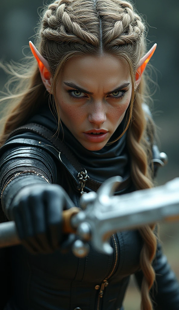 Generate an image of an enchanting female handgunner sorceress. She combines the rugged charm of a sharpshooter with the mystical allure of a spellcaster. Clad in a sleek, form-fitting outfit that blends leather and magical fabrics. Her long, flowing hair dances with sparks of magic, and her piercing eyes captivate with a bewitching glow. hogtied&gagged, (otm gag:1.5), laying on stomach, in a moonlit forest clearing, she exudes an aura of deadly precision and irresistible allure, ready to cast spells and fire enchanted bullets with equal prowess. Inspired by the works of (Annie Leibovitz:1.4) and (Thomas Kinkade:1.3).