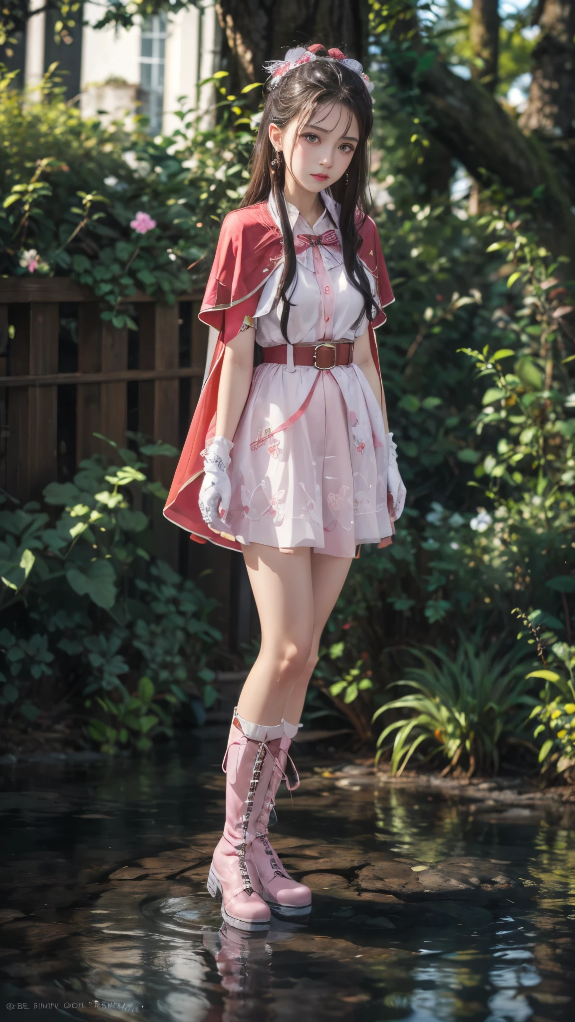 water, wet, masterpiece,best quality, high resolution, Extremely detailed, Elena, have, Long hair, curls, Pink Eyes, earrings, cape,dress, Short sleeve, Gloves, belt, skirt,  boots, Wind lift, blush, (Make it embarrassing:1.2), outdoor,garden,