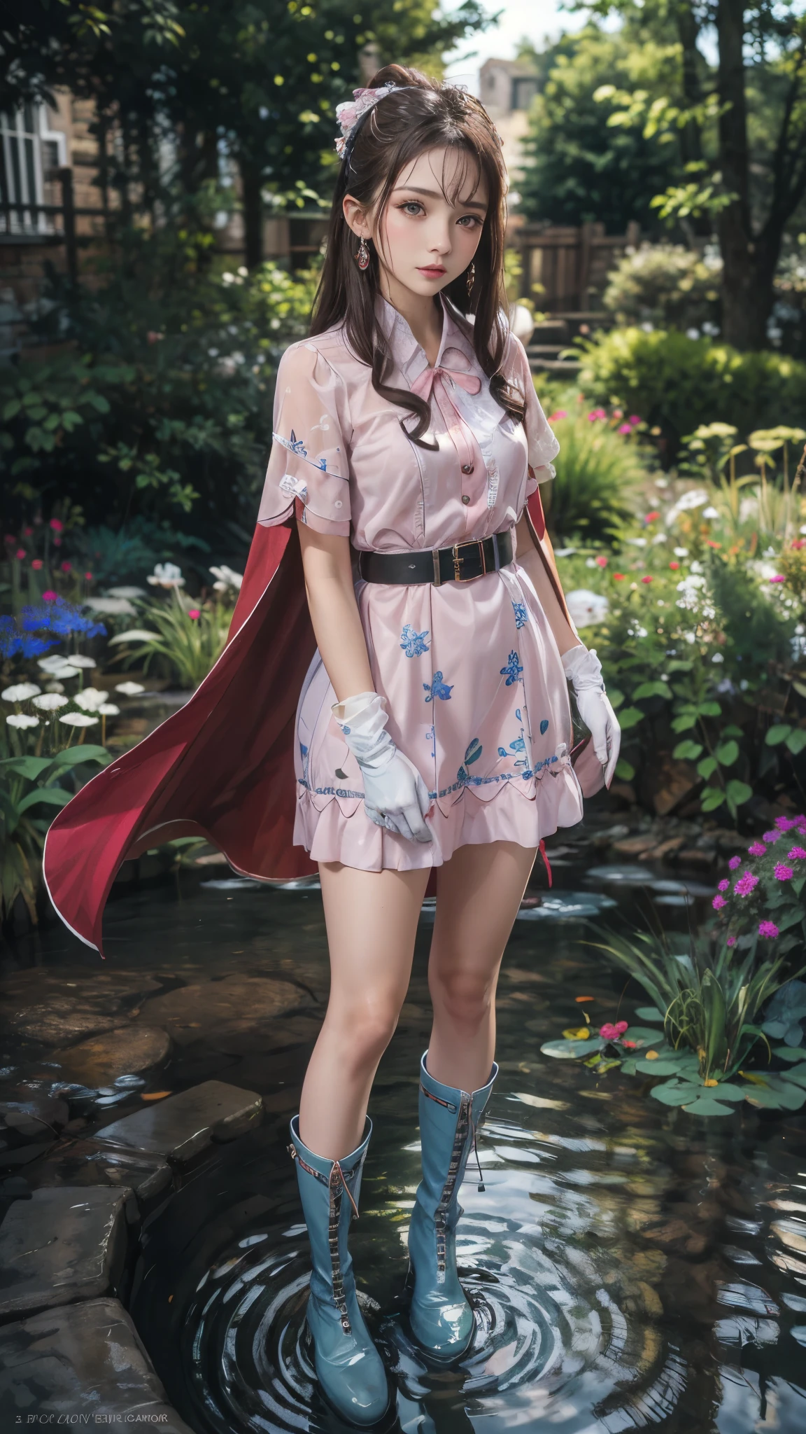 water, wet, masterpiece,best quality, high resolution, Extremely detailed, Elena, have, Long hair, curls, Pink Eyes, earrings, cape,dress, Short sleeve, Gloves, belt, skirt,  boots, Wind lift, blush, (Make it embarrassing:1.2), outdoor,garden,