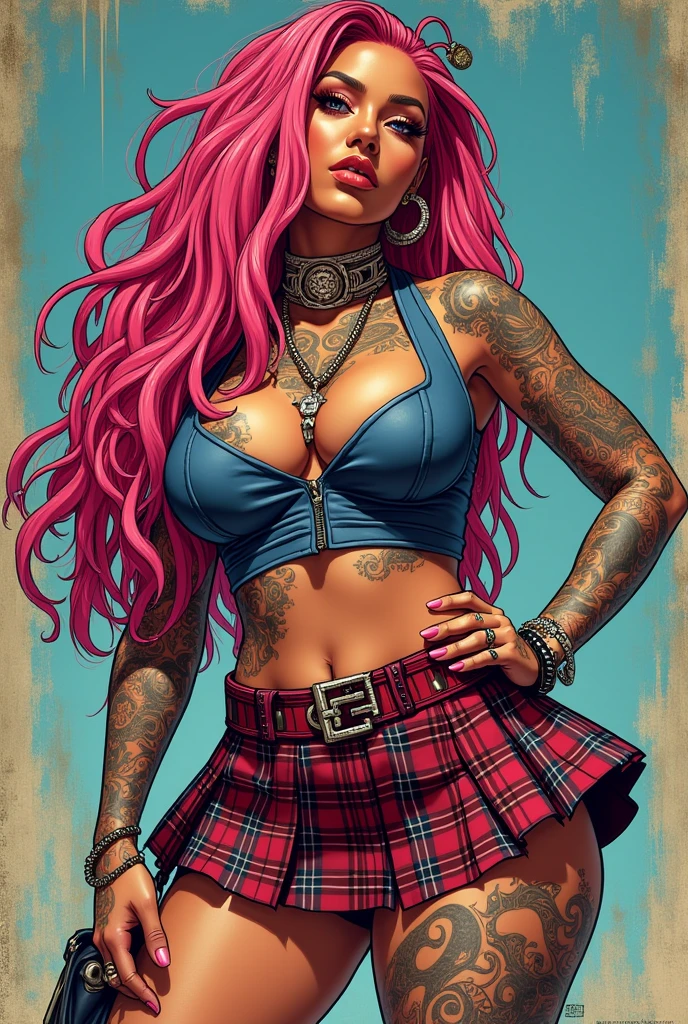 Cardi b with pink long dreadlocks big breast ,spiderweb tattoo on the breast and left arm full of tattoos boondocks animation style standing Infront of a car