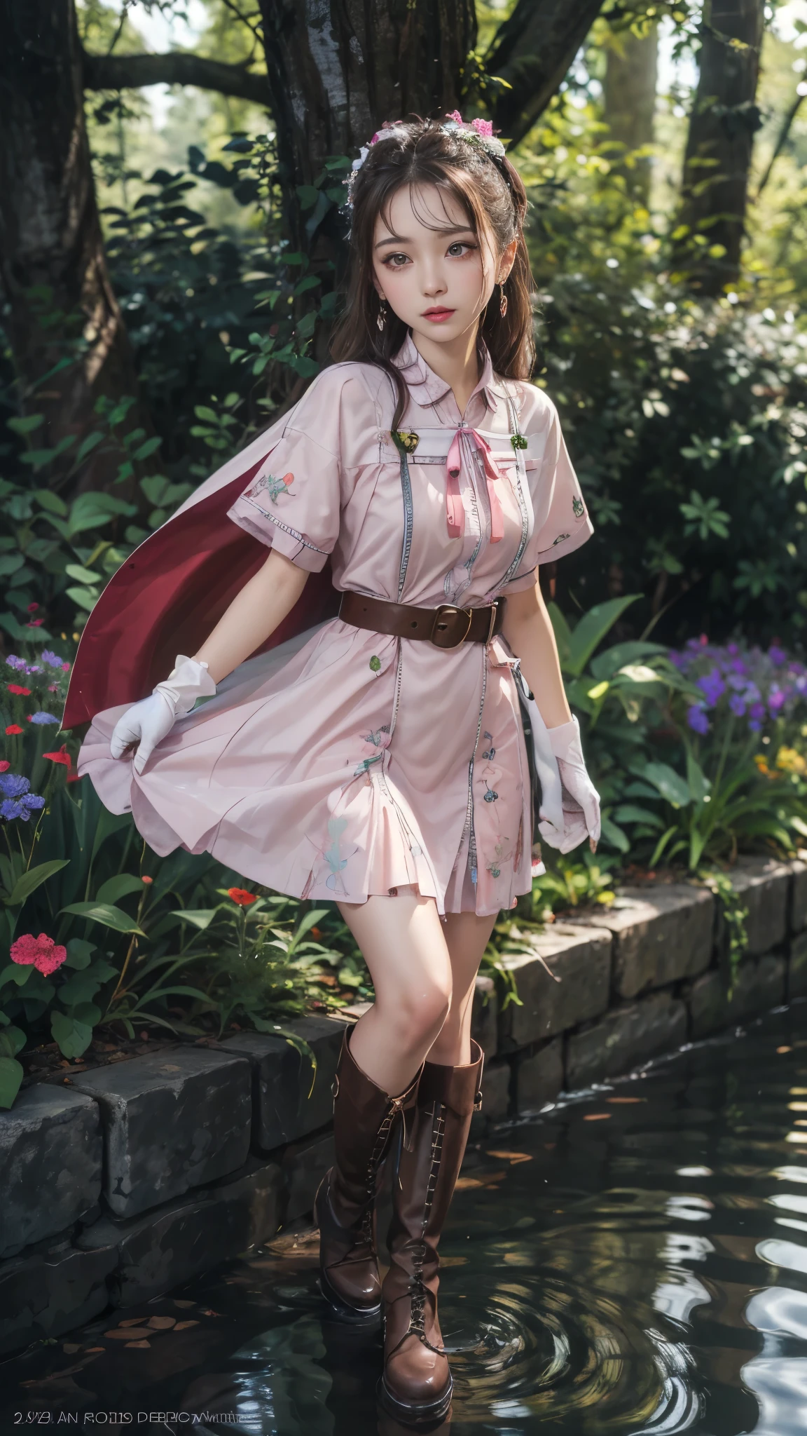 water, wet, masterpiece,best quality, high resolution, Extremely detailed, Elena, have, Long hair, curls, Pink Eyes, earrings, cape,dress, Short sleeve, Gloves, belt, skirt, boots, Wind lift, blush, (Make it embarrassing:1.2), outdoor,garden,