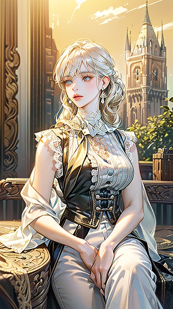 (table top, digital art, digital illustration, 4K, 8K, super detailed, beautiful images, clear image, realistic, RAW photo, perfect face, perfect lines, perfect eyes, soft lighting) 1 female, different hair color, (medium white hair,straight hair,, Bullish gaze,beautiful woman,Solid makeup,28 year old female,small breasts:1.3),suit, Two handsome men in suits, (human,Men in suits,muscular,Firm shoulder width,adult male,boyish hairstyle,british gentleman's style,A man in his 30s with a cool expression, long black hair, 28-year-old man with bright smile:1.2),Bright Victorian era room、white wall、couple dancing、light