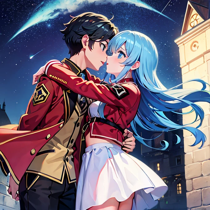 A girl with blue eyes and light blue hair, red blouse with yellow lines, pink panties, a gold bracelet and white skirt affectionately kissing a boy with short black hair on the lips, ojos marrones, lentes, red jacket with a night castle behind them and shooting stars in the sky