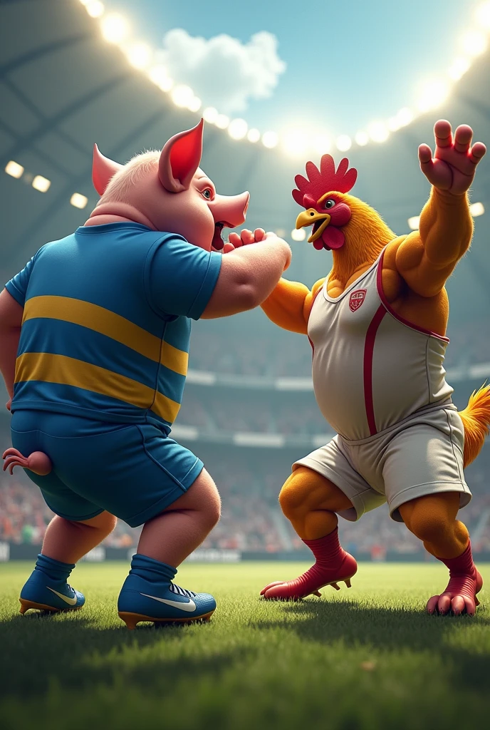 A muscular pig, chest puffed out and shirtless, green tattoo, inside a soccer stadium, next to a muscular rooster, chest puffed out and shirtless, black tattoo, crossing his arms