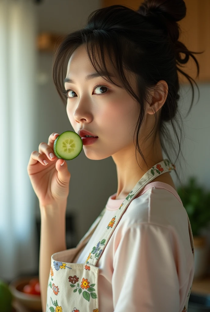 The profile of a beautiful, naked Japanese woman in her 30s with short hair who closes her eyes and kisses a fresh green leaf in her hand in front of a white wall in a pure white room. Focal length 100mmf/2.8, white room, white space, toned body, maximum close-up of the eyes, sense of reality, 8K image quality, highest quality.