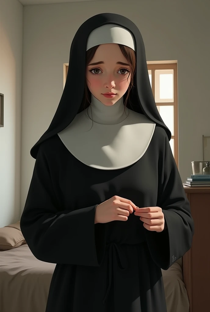 rating_safe, score_8_up, score_7_up, 1girl, solo, shiny skin, pale skin, small breasts, cute perfect face, kid-like proportions, big head and big eyes, tiny limbs, thin body, (nun habit, beautiful smooth blonde hair), ((pregnancy bump)), (tiny innocent prepubescent pregnant young little nun-girl sitting on wooden bench in confession booth), praying, (raised hands folded together), tiny prepubescent child, side view, (tight nun outfit), blue scared eyes, tears, crying, (sad expression), sad trembling lip, cross-necklace, brown nylon pantyhose, inside detailed confession booth background, inside closet, low light, full-body shot,