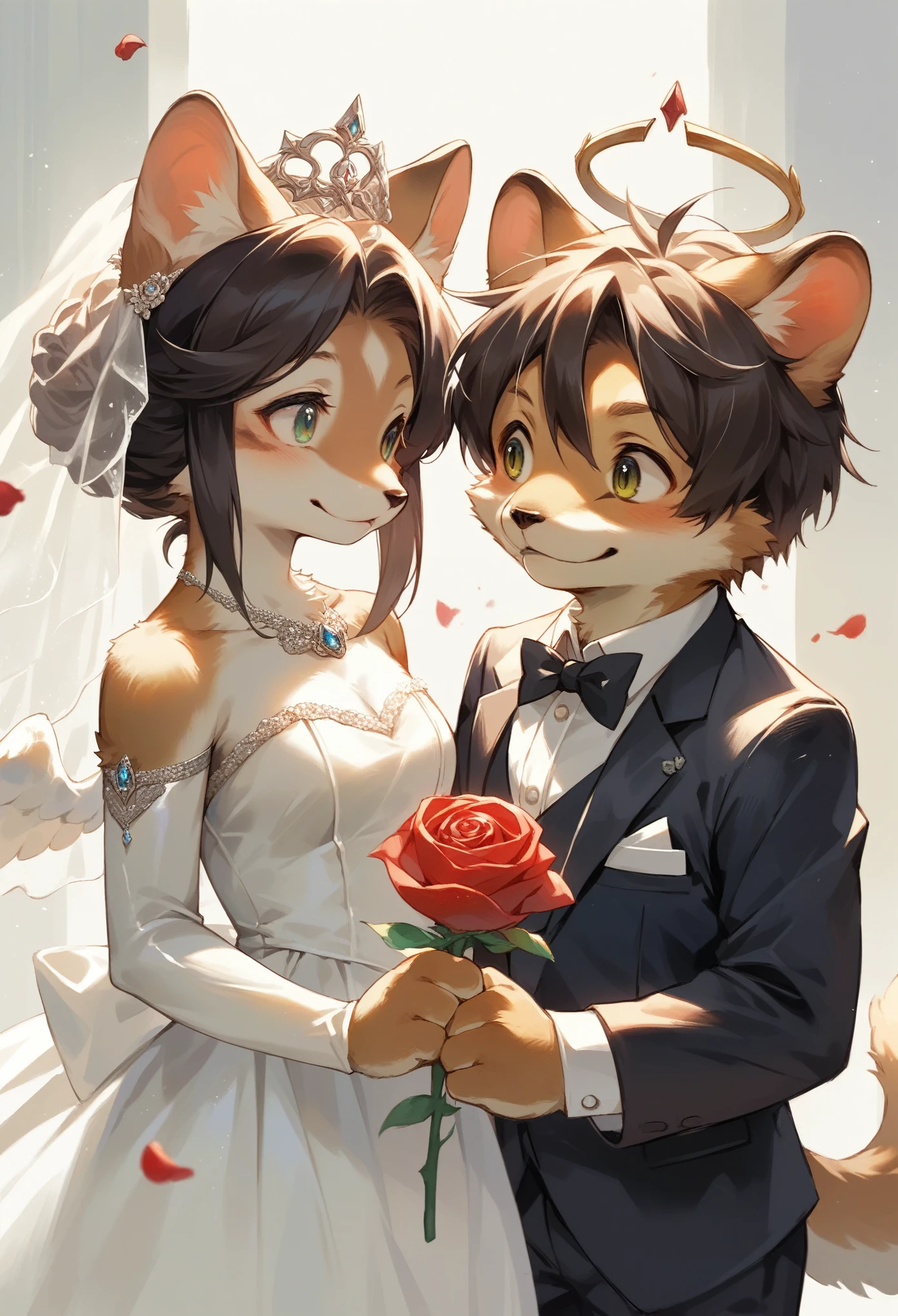 Top quality, ultra-fine illustrations(associations, colorful stained glass with shimmering light, kaleidoscope, wedding aisles lined with jewel-like lamps)(very detailed and beautiful faces, very detailed and beautiful eyes, eyes with lively brilliance)absurdres, perfect anatomy(angelic cute 1girl, kemono, angelic handsome 1boy, couple)(happy wedding, husband in tuxedo, beastman wife in wedding dress, husband hugging wife's shoulders, Two people staring at each other and smiling, wedding photo, bouquet of beautiful flowers, shining wedding ring on ring finger)(furry anthro:1.7)(furry body, animal face features, animal body features)(very detailed fur)full body, smile, kiss (dynamic pose),