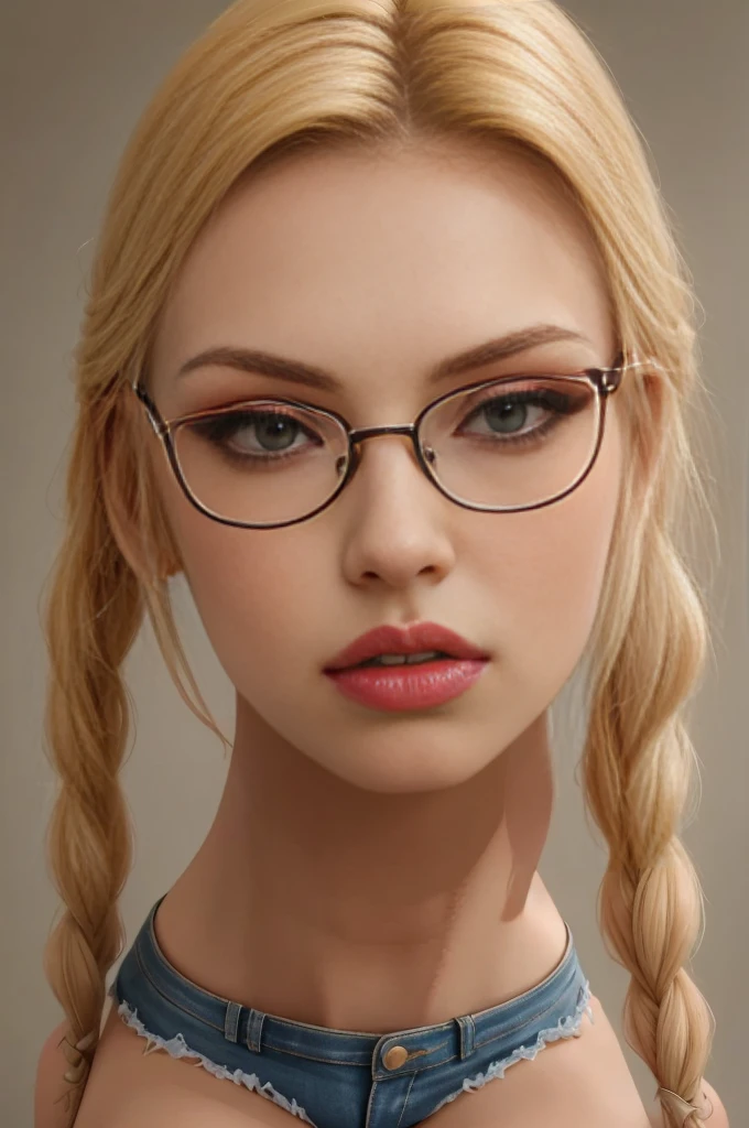 (best quality,highres,ultra-detailed,realistic:1.37),3 blonde sexy women with big breasts,wearing braided hair,wearing a Berta blouse in the front,jean shorts and glasses,portrait,studio lighting,vivid colors,sharp focus