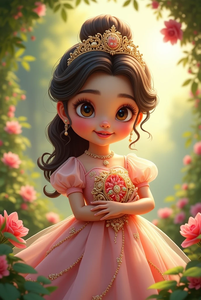 Real pinay baby girl wearing pink gown sitting in the floor with background castle and arounding flowers with name "one" write beside