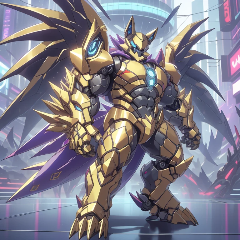 (Bergamo_DB, 8K), (Bergamo_DB's giant robot, Powered exoskeleton with the same design as Bergamo_DB), (Masterpiece, highres) (Detailed head, Detailed Body, Detailed abs, full body) (gigantic muscles, Gigachad Muscular, big muscle, pecs, triceps, traps, unusually developed muscular body, body full of huge muscles. showing off muscles, pectorales enormes, Exaggeratedly huge muscles.) (nj5furry, The claws are sharp, Sharp teeth, sharp claws), (long legs), (Spread wings, It has wings, have big wings, golden wings), (It has wings, whole body shines like metal, Wearing cyberpunk mecha, emphasizes the muscles, suit fully made of metal, intricate armor, Robotic suit, suit fully made of metal, cyborg. golden armor), (golden hyper penis), menacing pose, no face. wearing a full-face helmet. 