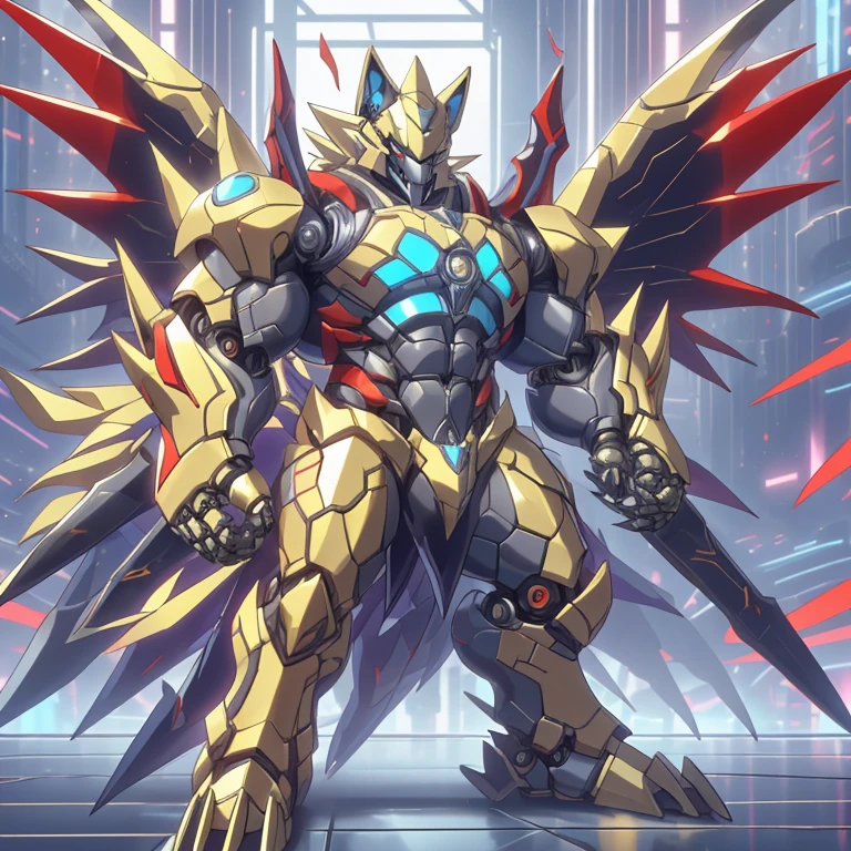 (Bergamo_DB, 8K), (Bergamo_DB's giant robot, Powered exoskeleton with the same design as Bergamo_DB), (Masterpiece, highres) (Detailed head, Detailed Body, Detailed abs, full body) (gigantic muscles, Gigachad Muscular, big muscle, pecs, triceps, traps, unusually developed muscular body, body full of huge muscles. showing off muscles, pectorales enormes, Exaggeratedly huge muscles.) (nj5furry, The claws are sharp, Sharp teeth, sharp claws), (long legs), (Spread wings, It has wings, have big wings, golden wings), (It has wings, whole body shines like metal, Wearing cyberpunk mecha, emphasizes the muscles, suit fully made of metal, intricate armor, Robotic suit, suit fully made of metal, cyborg. golden armor), (golden hyper penis), menacing pose, no face. wearing a full-face helmet. 