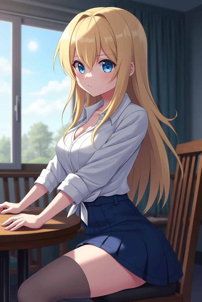 Highest quality,masterpiece,masterpiece portrait,((full body)),　Blonde、Blue Eyes、Pink lips、、White shirt、Black Ribbon、Sexy atmosphere、cartoonist、(((Slightly erotic)))、Wear a red beret、((Posing with a fountain pen))、Anime Style、Beauty、((The background is the wall of a coffee shop))、Sitting in a chair、(((Front view)))、Looking up