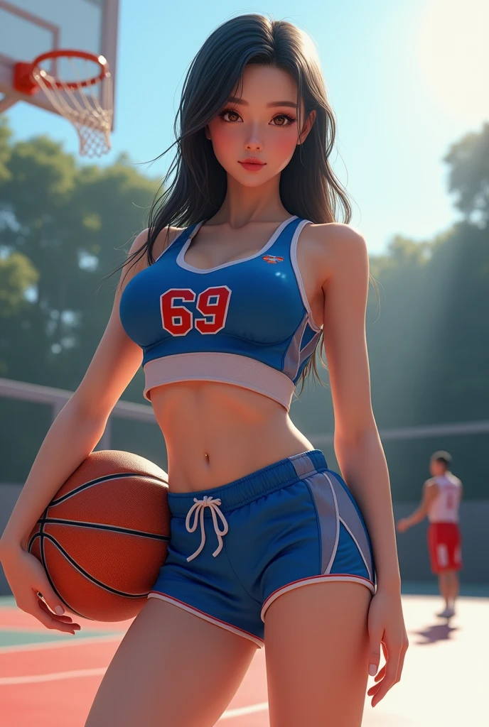 Big-breasted beauty,comic character,blacksilk,swim wears,violence,Raised sexy,Bigchest,huge tit,gigantic cleavage breasts,Abs,Muscular,basketball ball