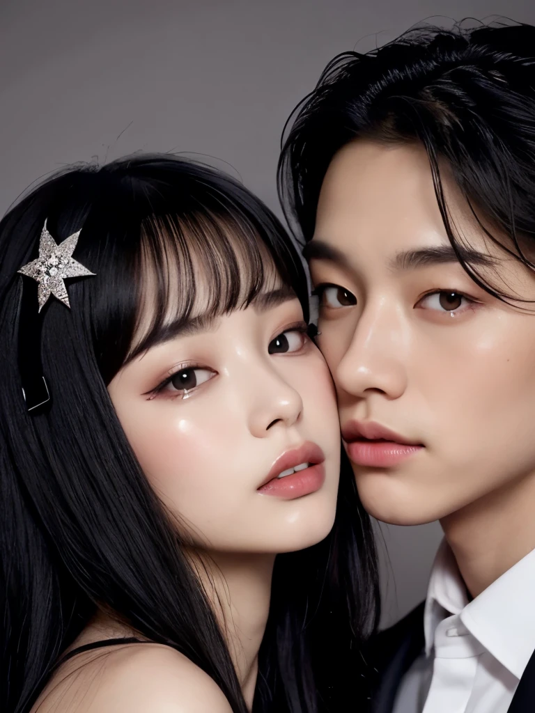Kim Jennie with dark black hair, with curlers at the ends of dark black hair, with a star clip in her dark black hair, light colored eyes, pretty eyes, crying eyes, pretty, upturned nose, Pretty lips, pink lips, heart and cupid shaped lip, pretty skin, pale, White skin, with moles and freckles all over his face, soft pink blush on the cheeks, natural pink blush, dark and gothic makeup, Gothic Jennie, while she is with a cute boy by her side, with a cute asian boy standing next to her, while there is a man's torso, while the man'His hand is on his jaw.., beautiful man's hands, with a gothic boy, nice collars, marked collar, frown, angry look, with a kiss necklace, a pretty kiss necklace, while her nipples are noticeable (big breasts, soft breasts, nice breasts, natural breasts), with a white dress, short and transparent dress, with a white dress transparente muy sexy, lingerie style, low-cut dress, visible on the nipple, with a boy by his side, with her boyfriend, looking to the camera, autophoto