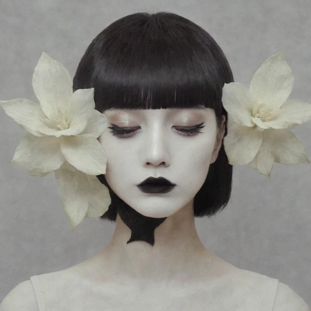 1girl, cute, eyeflower, white gardenia, flower, pale skin, black lipstick, flower, scenery, flower shadow, bob cut, blunt bangs