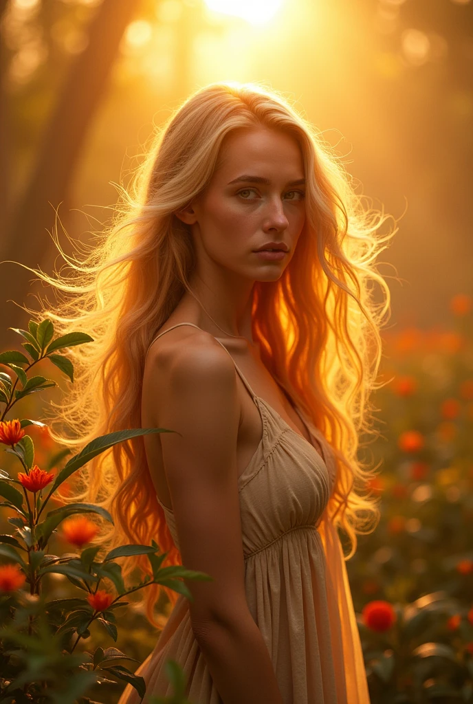 a woman with blue eyes, white skin, naked, sitting, legs open, she is in a forest on a rock at sunset, the sunlight hits her blonde hair making her even more beautiful as another
