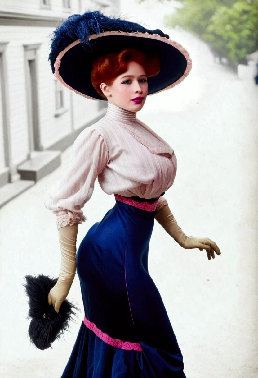 A sexy yo voluptuous ginger Gibson Girl waking down a windy street. Year 1900. (((1900_dr3ss))). Frilly sleeveless top, wide-brimmed picture hat with pink feathers, bare arms with long pink opera gloves, mid-length skirt, petticoats, silk stockings, boots. Gorgeous youthful face, big blue eyes, pouty red lips 