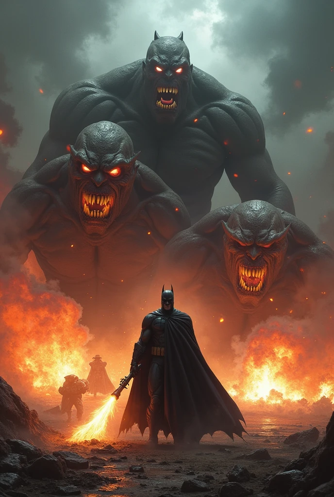 Demon man with angry face, bat wings, skulls and full body in fighting position