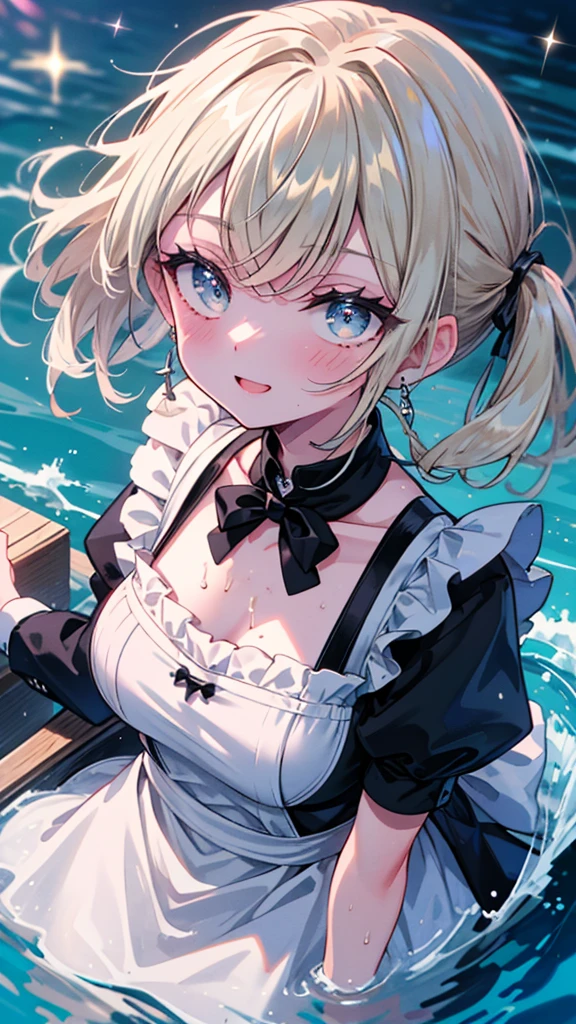 (8k, Best Quality, masterpiece: 1.2),Ultra-high resolution, 1 person, solo,Highly detailed face, Apron dress, Black Dress, White apron, black and white maid outfit, Random Hairstyles、Gay Hair, Rowing boat、lake、sunlight, clavicle, Ecstatic expression,Sparkling、Splash, Overall image, Flooding, 