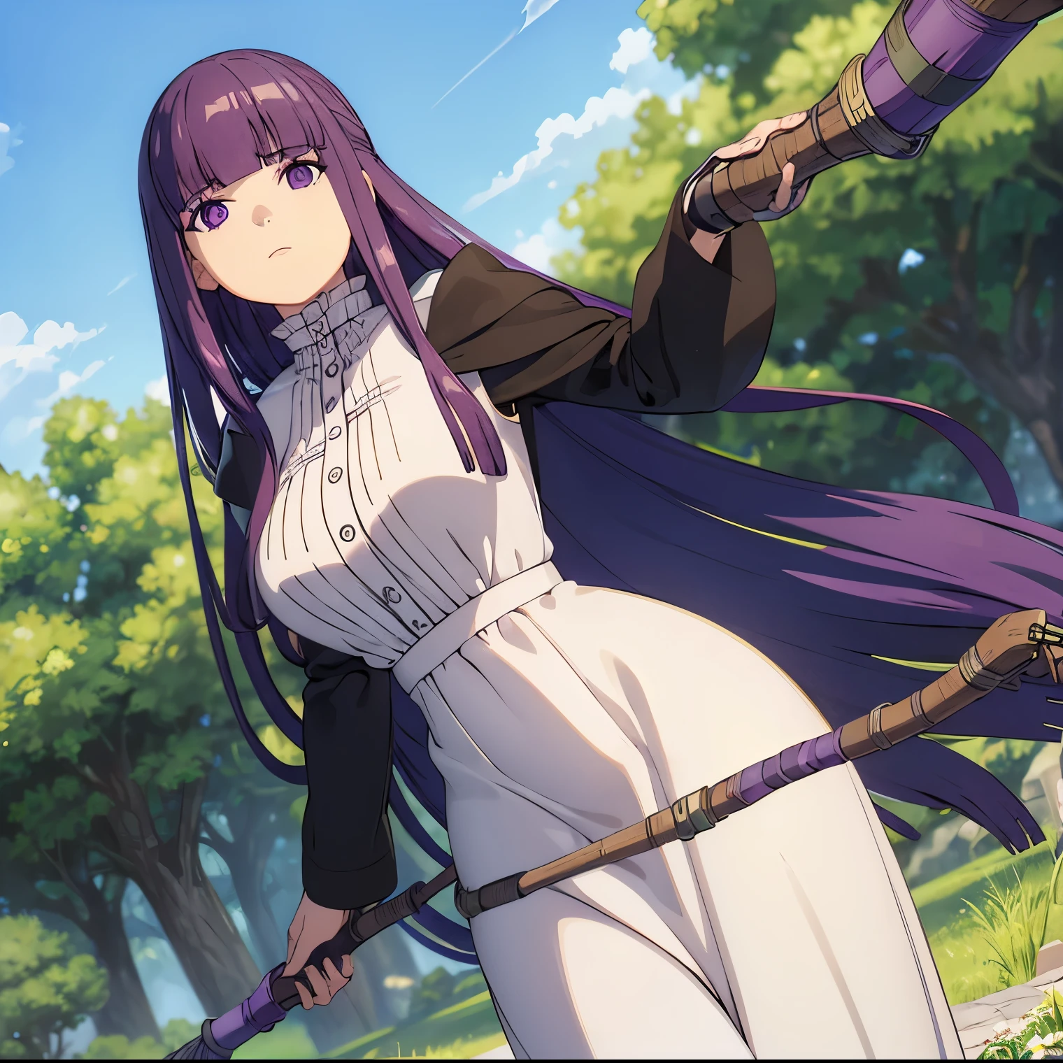 ((1girl)),((alone)),Fern, \(Sousou_no_frieren \),(masterpiece), (best quality), (ultra detailed), (best illustration), (best shadow), (absurdities), focus sharp, cowboy shot, atmospheric perspective, depth of field, dynamic posture, ((looking at viewer)), large breasts, narrow waist, wide hips, medium thighs, round butt, erotic, romantic, (highly detailed eyes, lips 1.1), highly detailed eyes, eyes, Highly detailed face, Very beautiful face, Symmetrical face, Aesthetic face, perfect face, perfect eyes, detailed eyelashes: 1.5), full height, beautiful slim figure, femininity, expressive appearance, big elastic breasts, sexuality, parted lips, long hair, purple hair, blunt bangs, purple eyes, big breasts, ((long dress:1.3)), ((white dress:1.4)),(( black tunic:1.3)), long sleeves,((sorceress staff:1.2)), wooden staff, medium height, curves, body defined, Perfect and beautiful body, perfect and beautiful, stoic expression, mouth closed, ((serious expression)), blushing, (sexy pose: 1.2), ((solo)), standing: 1.3,((exterior,fantastic landscape, green plain,grass,trees, dungeon, sunny, clouds,clear sky,)), Looking ahead,((waist focus:1.4)), point of view:(from below), perfect anatomy, perfect hands