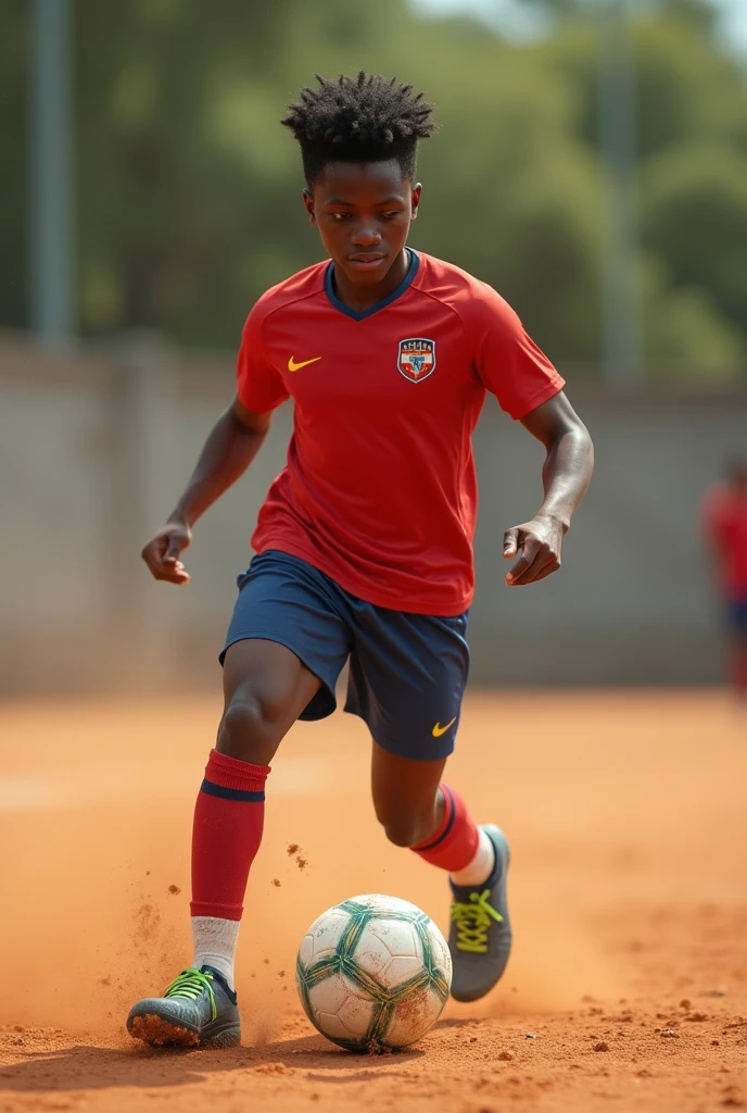 A dark colored baby playing soccer